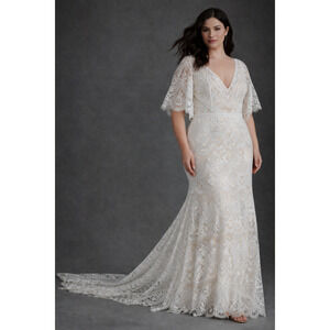 BHLDN Rish Haleh Lace Wedding Dress Ivory Deep V Boho Bridal Gown 22 NWT